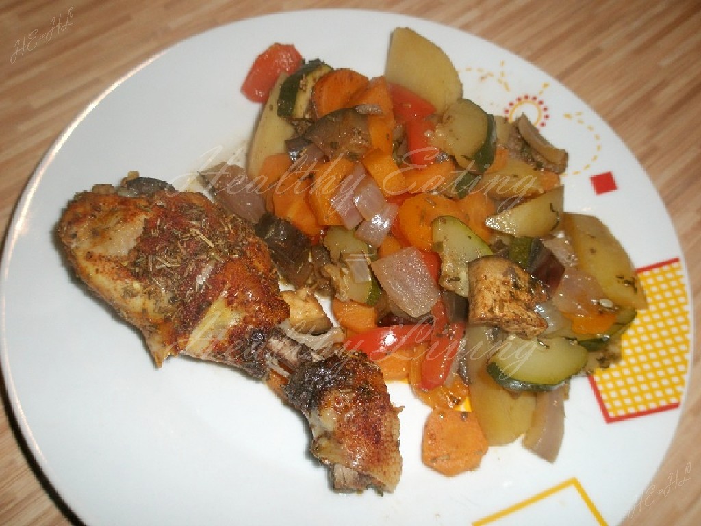 Baked vegetables with chicken legs