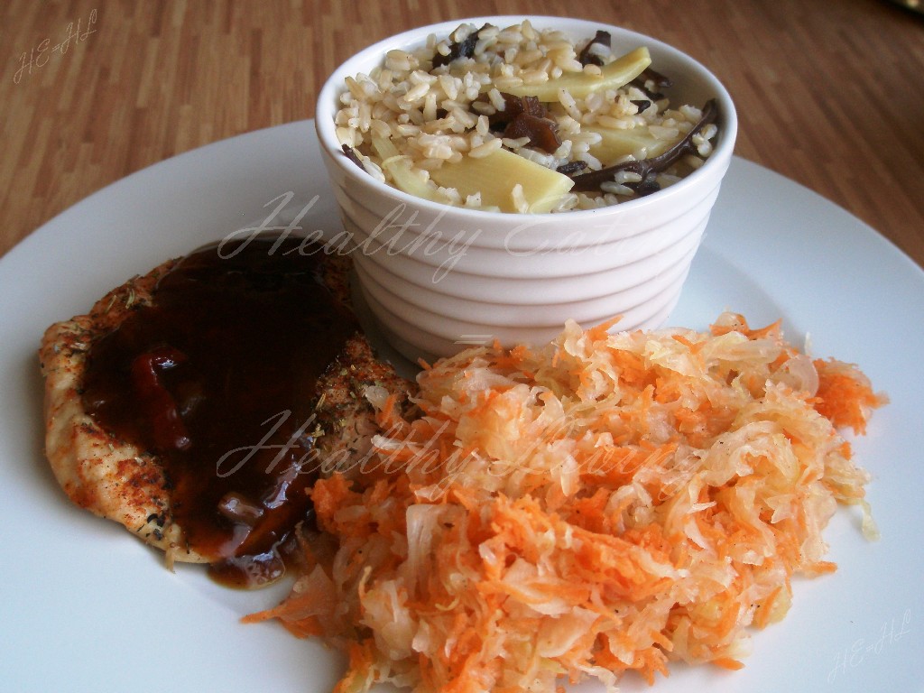 Chicken in Teriyaki sauce with rice and bamboo shoots and Mun mushrooms