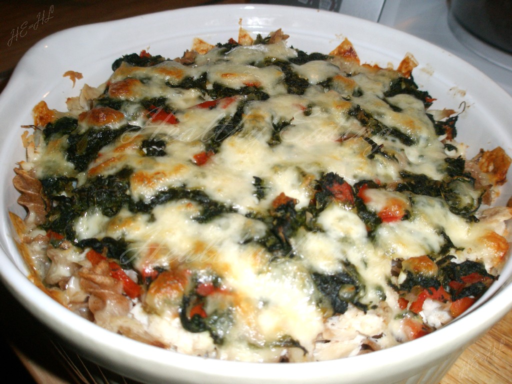 Casserole with smoked fish and spinach