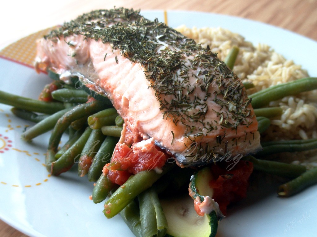 Salmon baked on vegetables