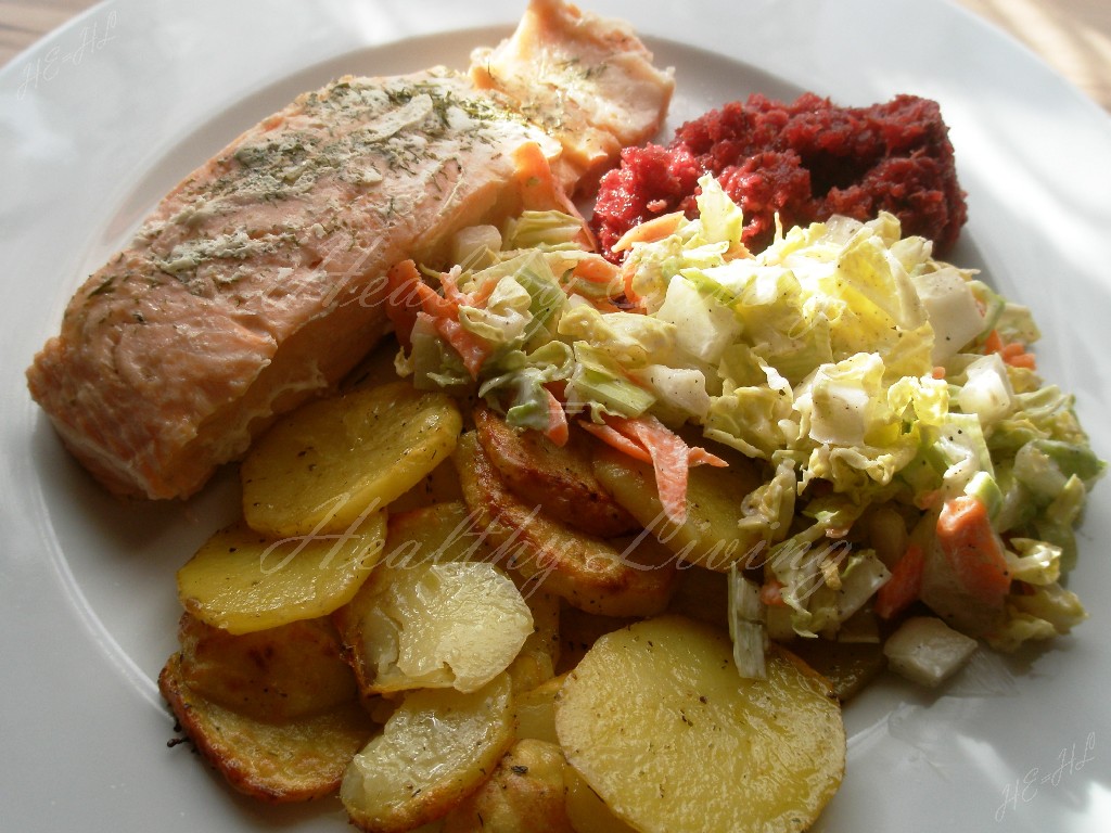 Salmon with salads and baked potatoes