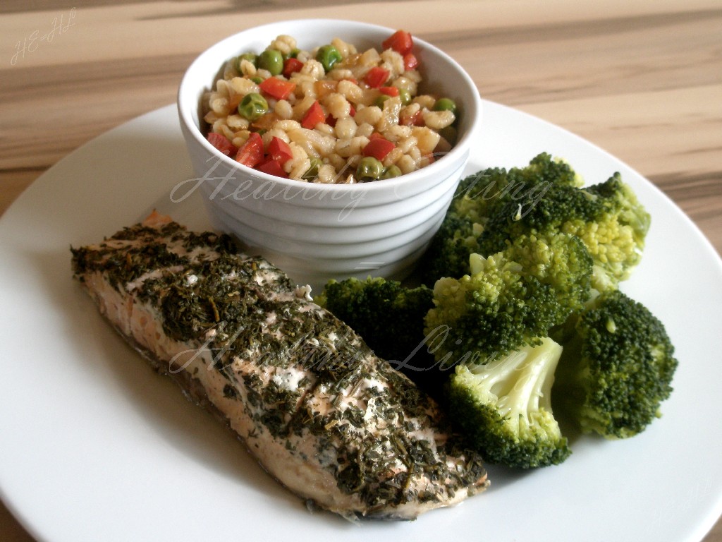 Salmon with pearl barley and vegetables