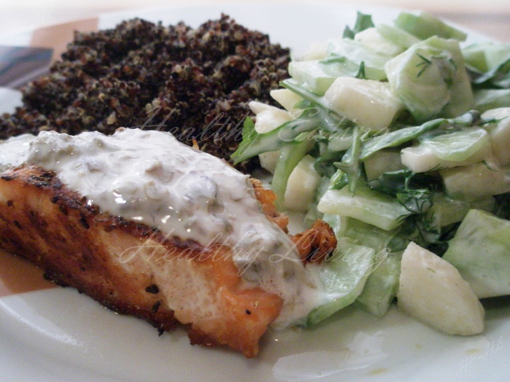 Salmon with black quinoa and refreshing salad