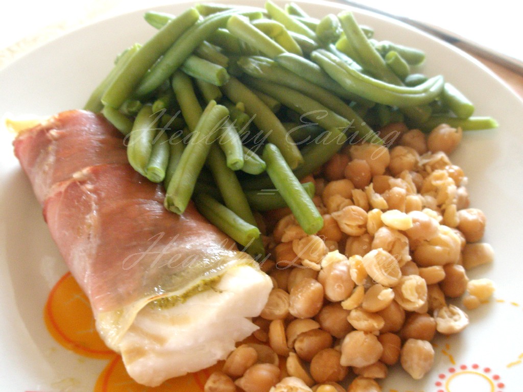 Cod in Parma ham with chickpeas