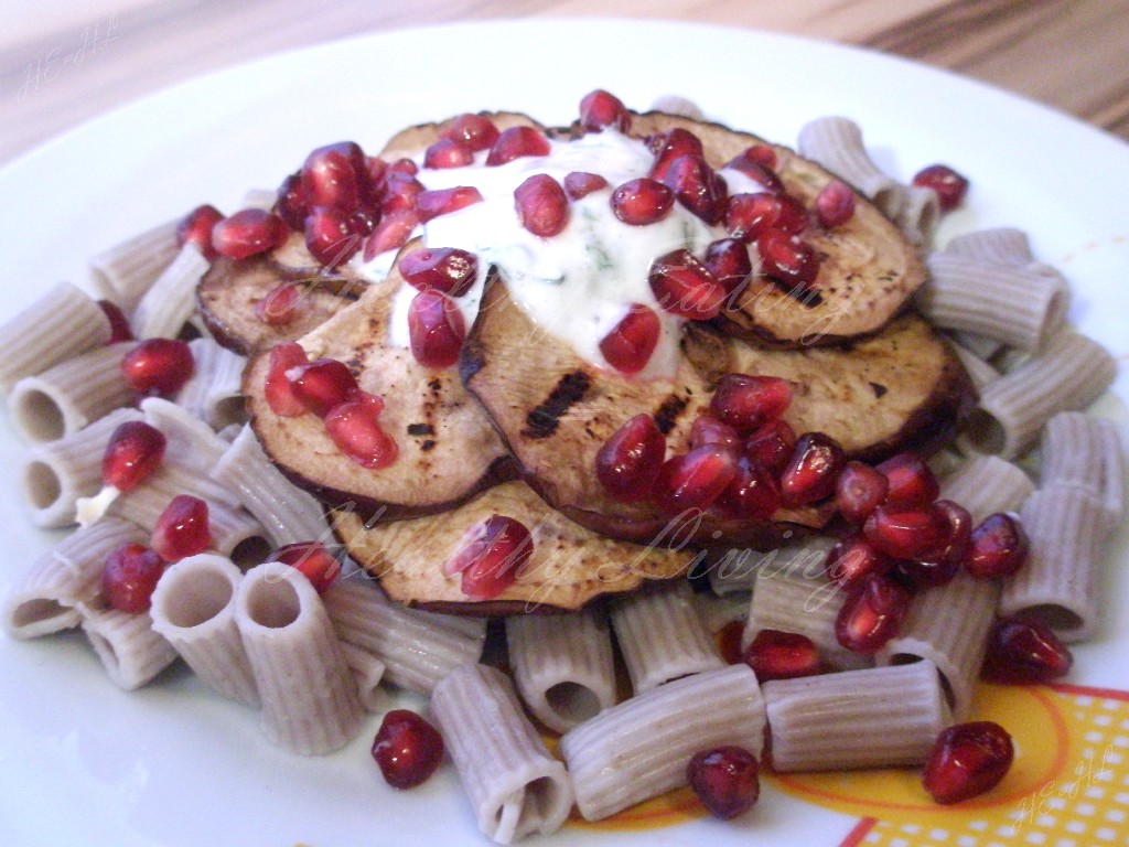 Marinated eggplant with pomegranate and buckwheat noodles