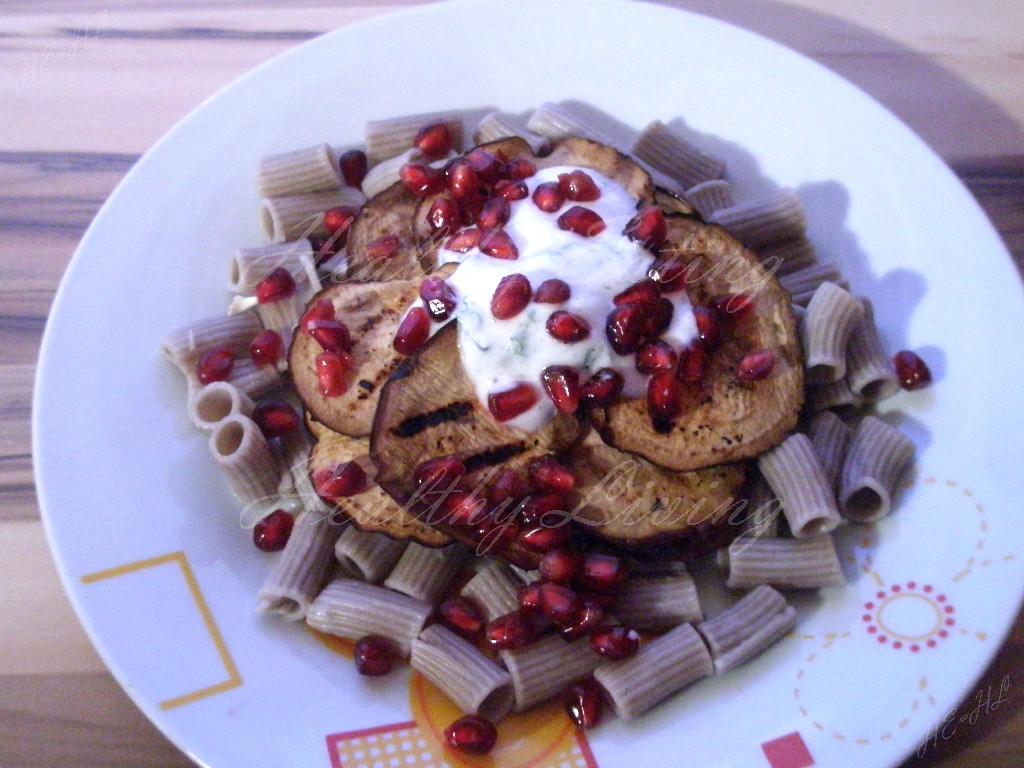 Marinated eggplant with pomegranate and buckwheat noodles