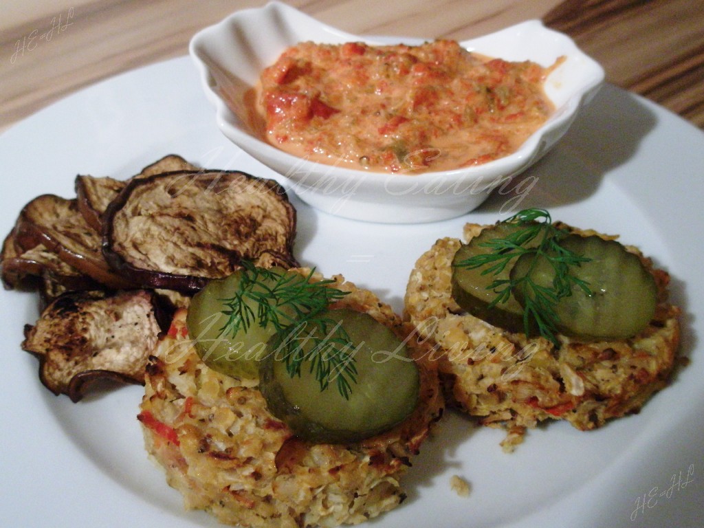 Red lentils cutlets with tomato sauce and grilled eggplant