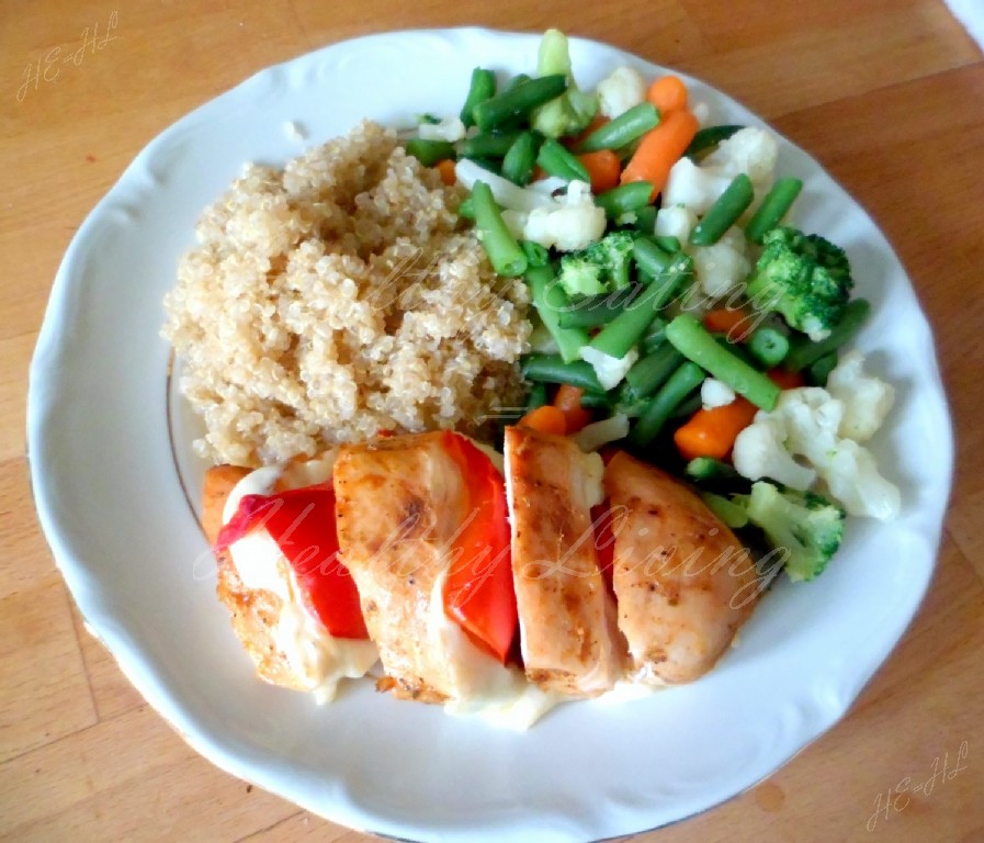 Quinoa with layered mozzarella chicken breast