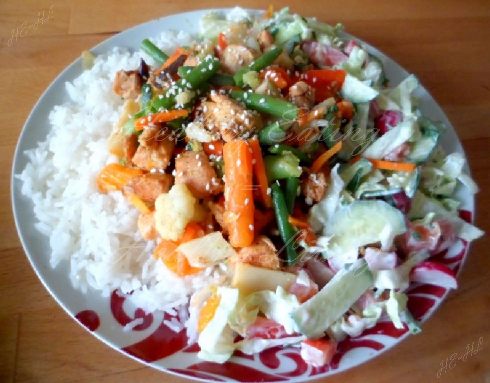 Chicken with vegetables on rice