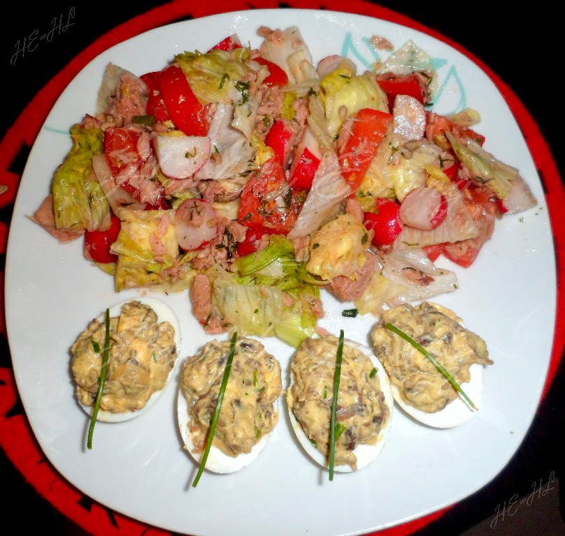 Agaricus mushroom eggs stuffed with tuna salad