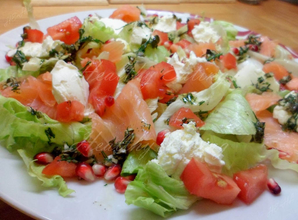 Salmon salad with ricotta and pomegranate