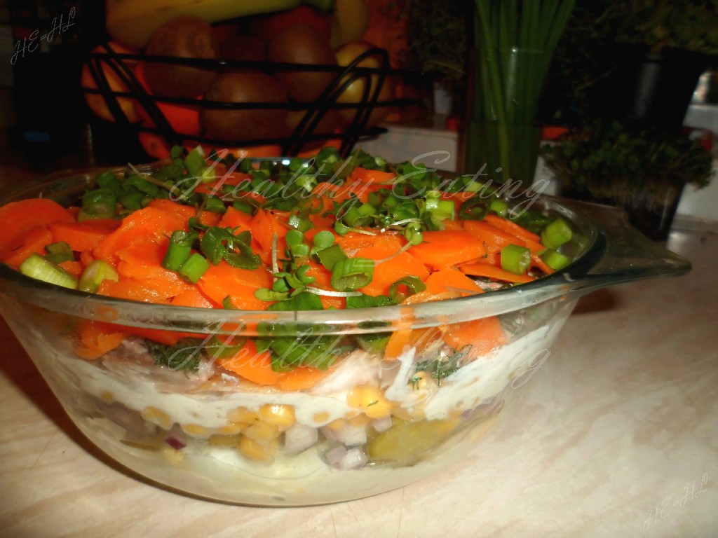 Layered salad with smoked mackerel