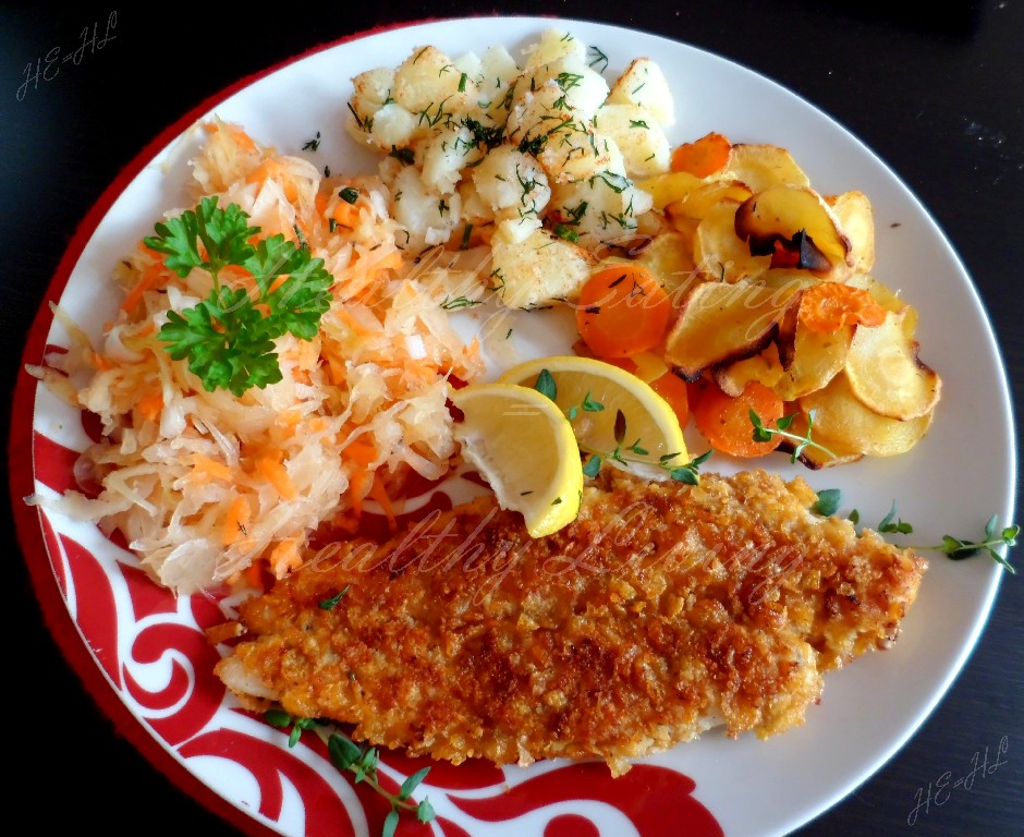 Fish in a corn flakes crisp with vegetable chips