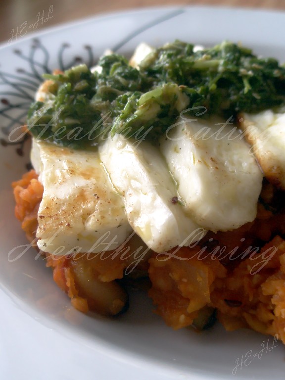 Vegetarian lentil stew with halloumi and mint sauce