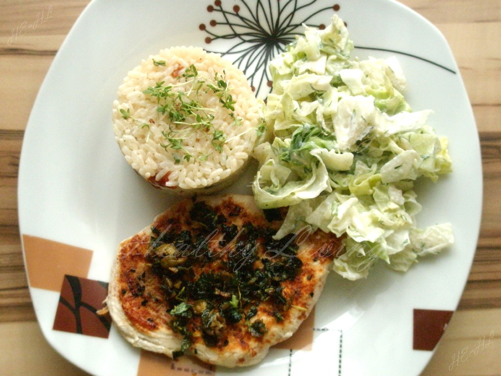 Grilled chicken breast with stewed mint, and risotto with sun-dried tomatoes