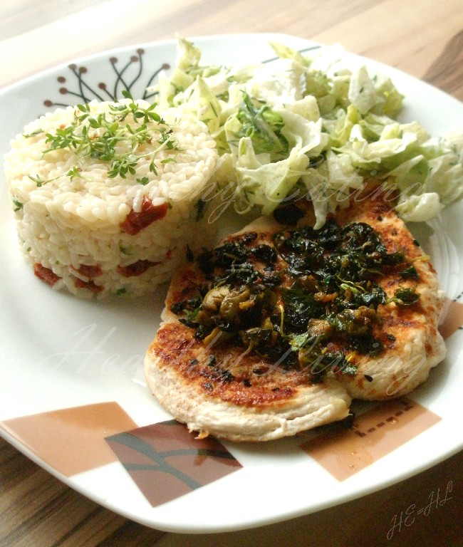 Grilled chicken breast with stewed mint, and risotto with sun-dried tomatoes