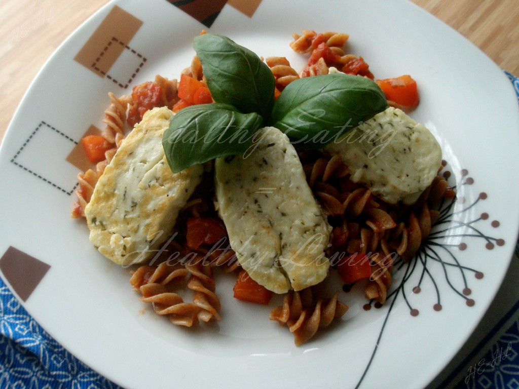 Basil Halloumi with pasta in tomato