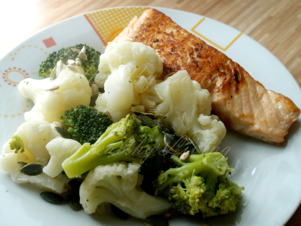 Vegetables with macadamia oil and grilled salmon