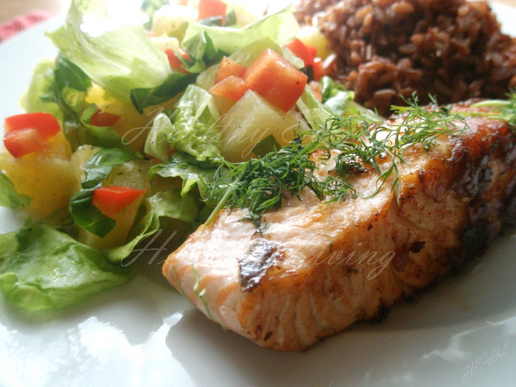 Salmon with pineapple salad and red rice