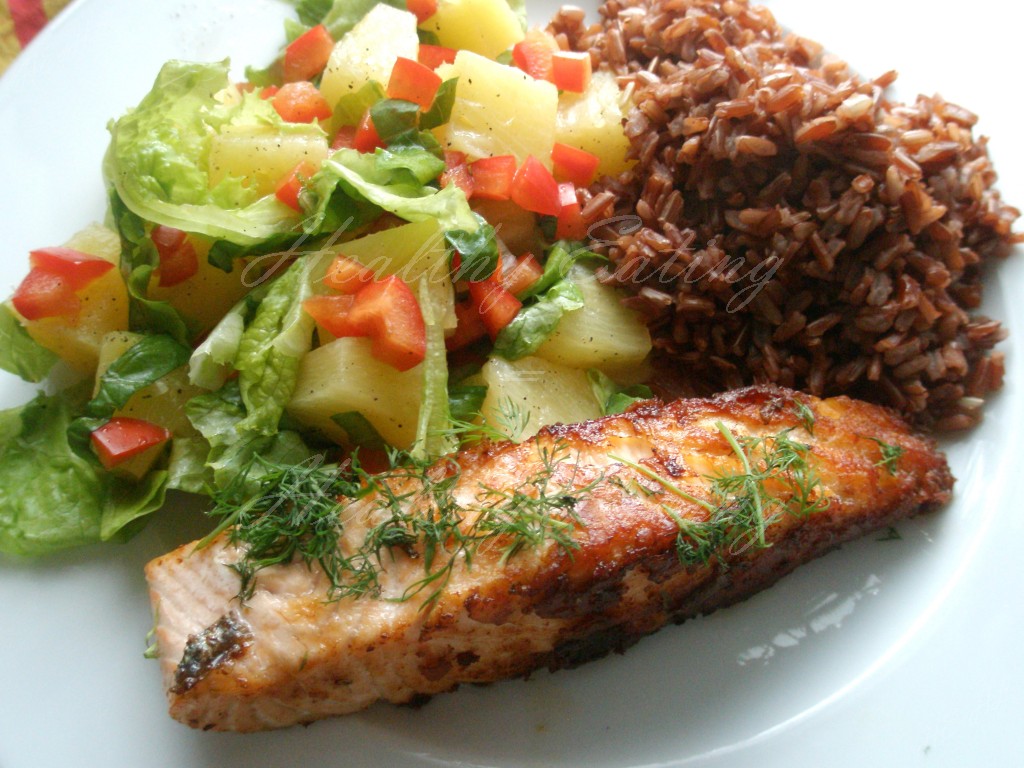 Salmon with pineapple salad and red rice