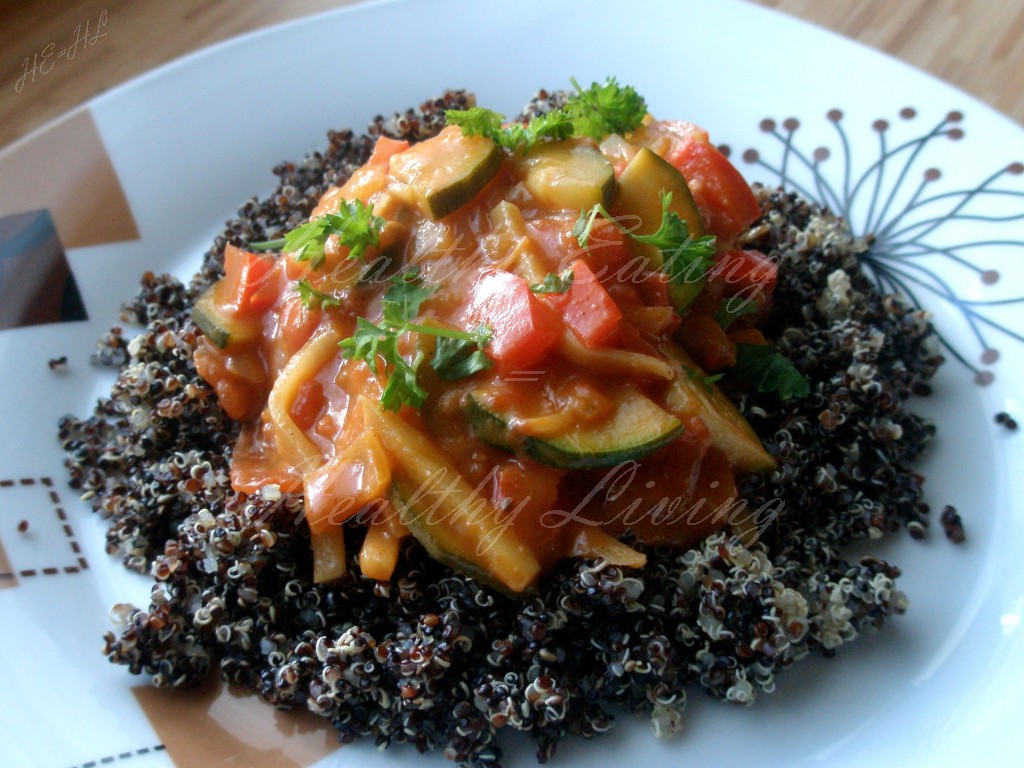 Black quinoa with vegetables stewed in coconut milk