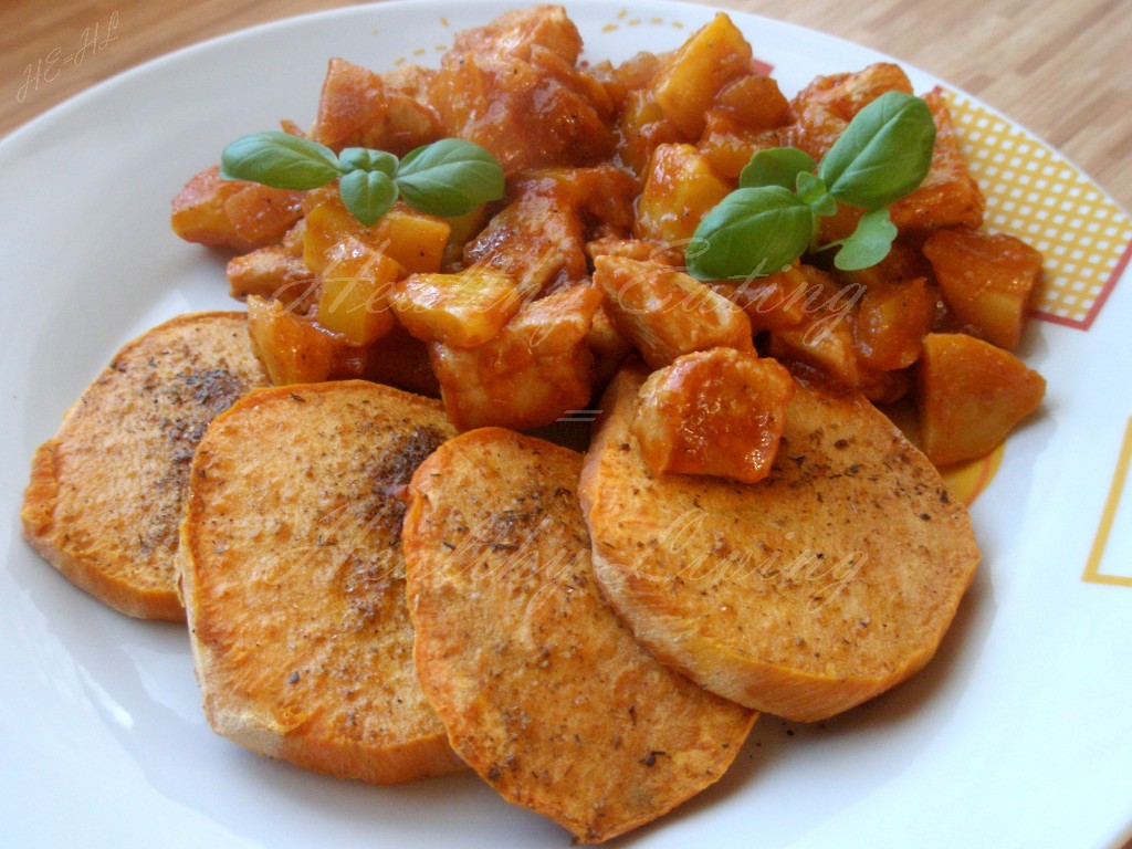 Chicken stew and baked sweet potato