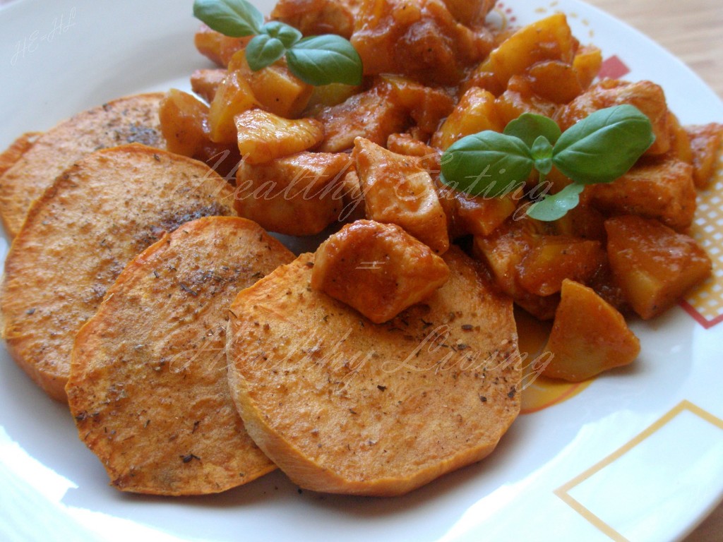 Chicken stew and baked sweet potato