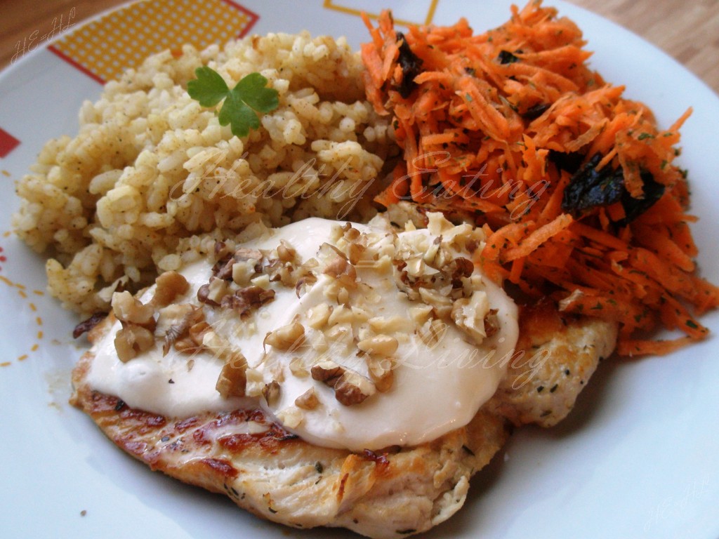 Chicken breast with lemon rice and carrot salad