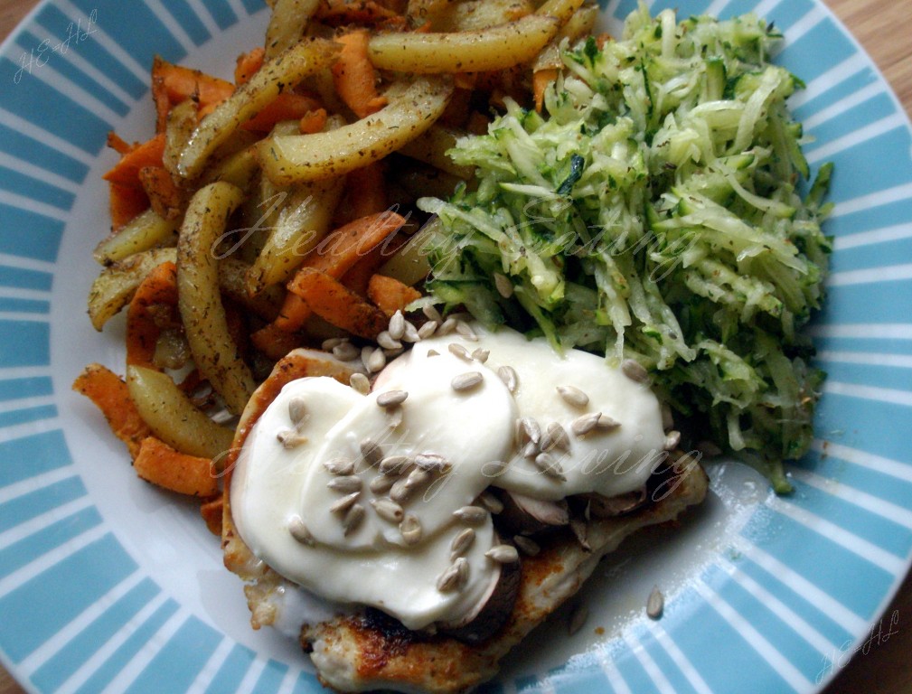 Grilled chicken breast with brown mushrooms and zucchini salad