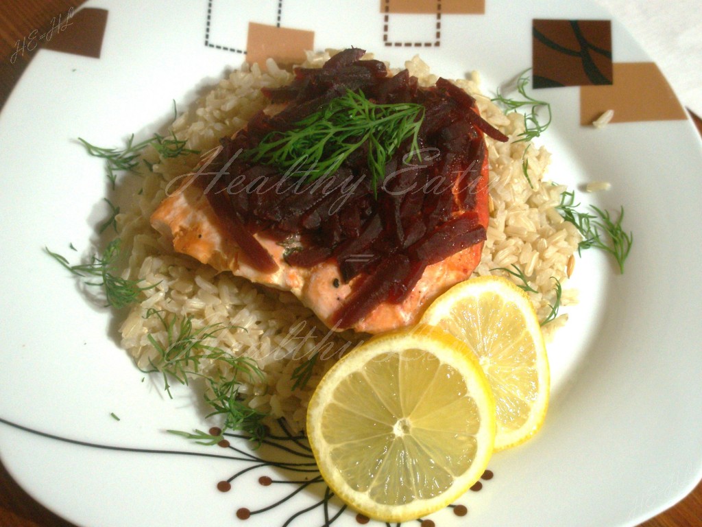 Salmon under beetroot cover