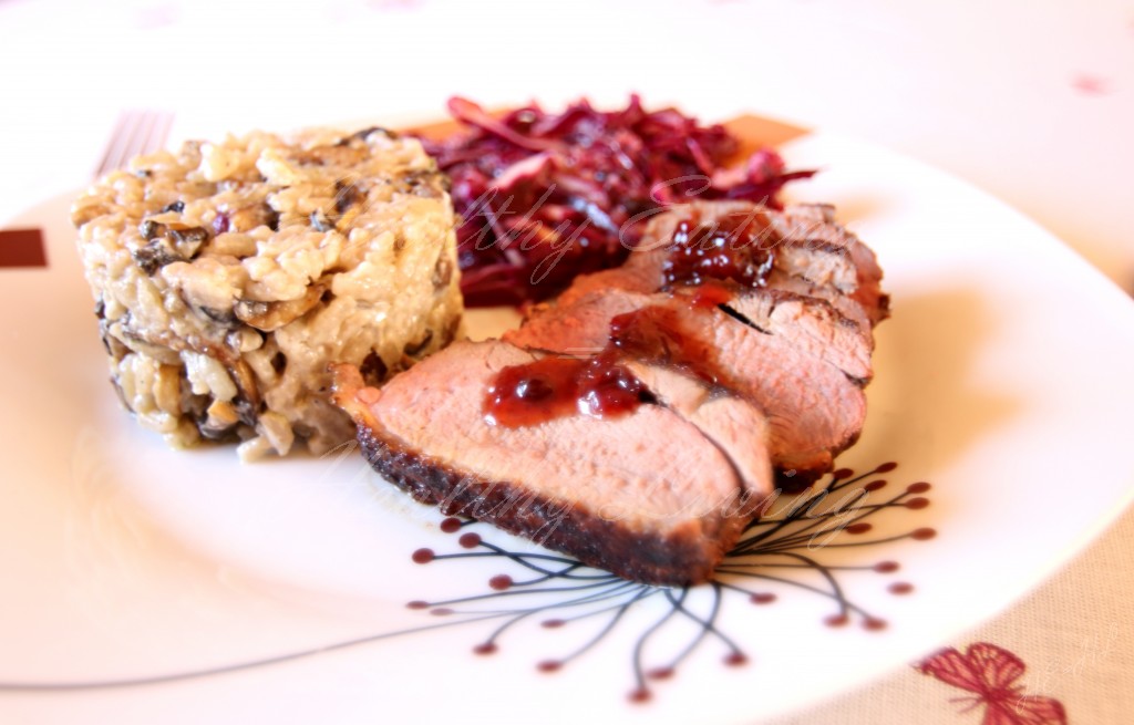 Grilled duck breast with mushrooms risotto