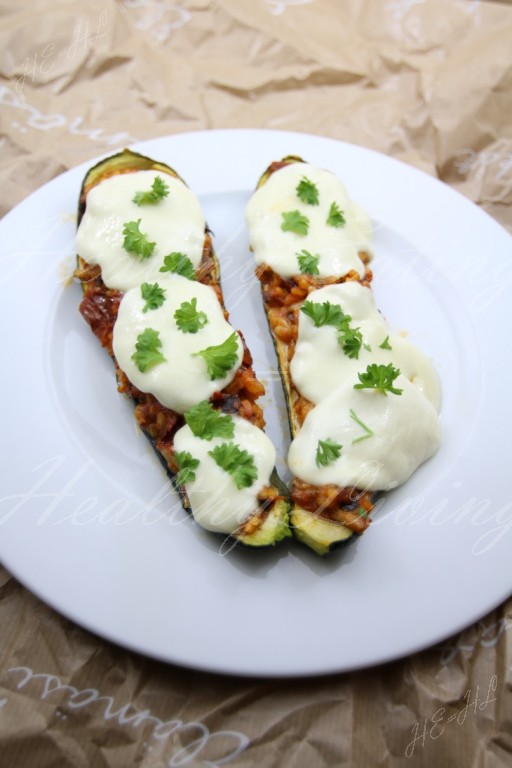 Zucchini casserole with mushrooms, arborio rice and coconut milk