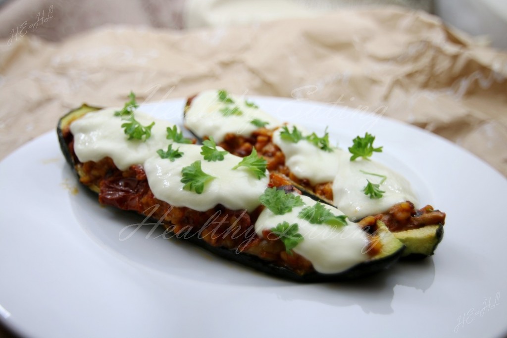 Zucchini casserole with mushrooms, arborio rice and coconut milk